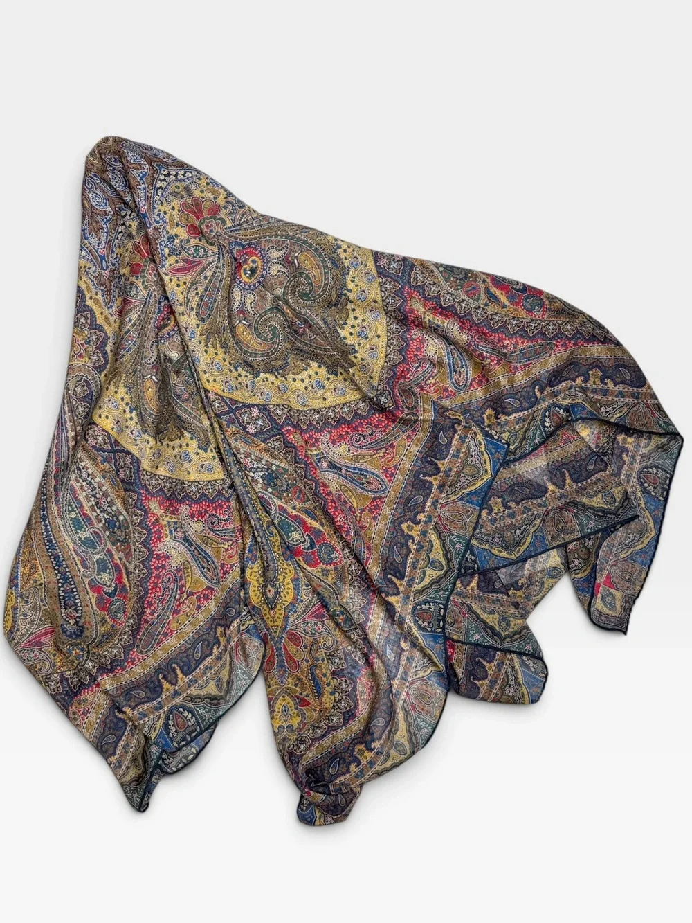 Vintage Large Wool (?) Paisley Shawl Scarf 54” Square Hand Rolled Multicolor